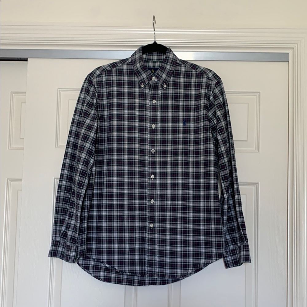 Ralph Lauren 100% Cotton Plaid Button-Up Shirt Men’s M Navy and White